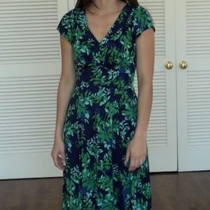 BODEN 10 Cate Dress Blue/Green Leaf Print Flutter Sleeve